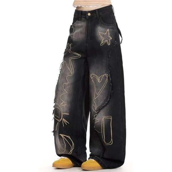 Baggy Women's Jeans Denim Wide Leg Embroidered Patchwork Casual Streetwear - Picture 3 of 6